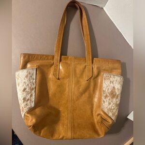 Satchel Tan Leather Tote with Fur Panels